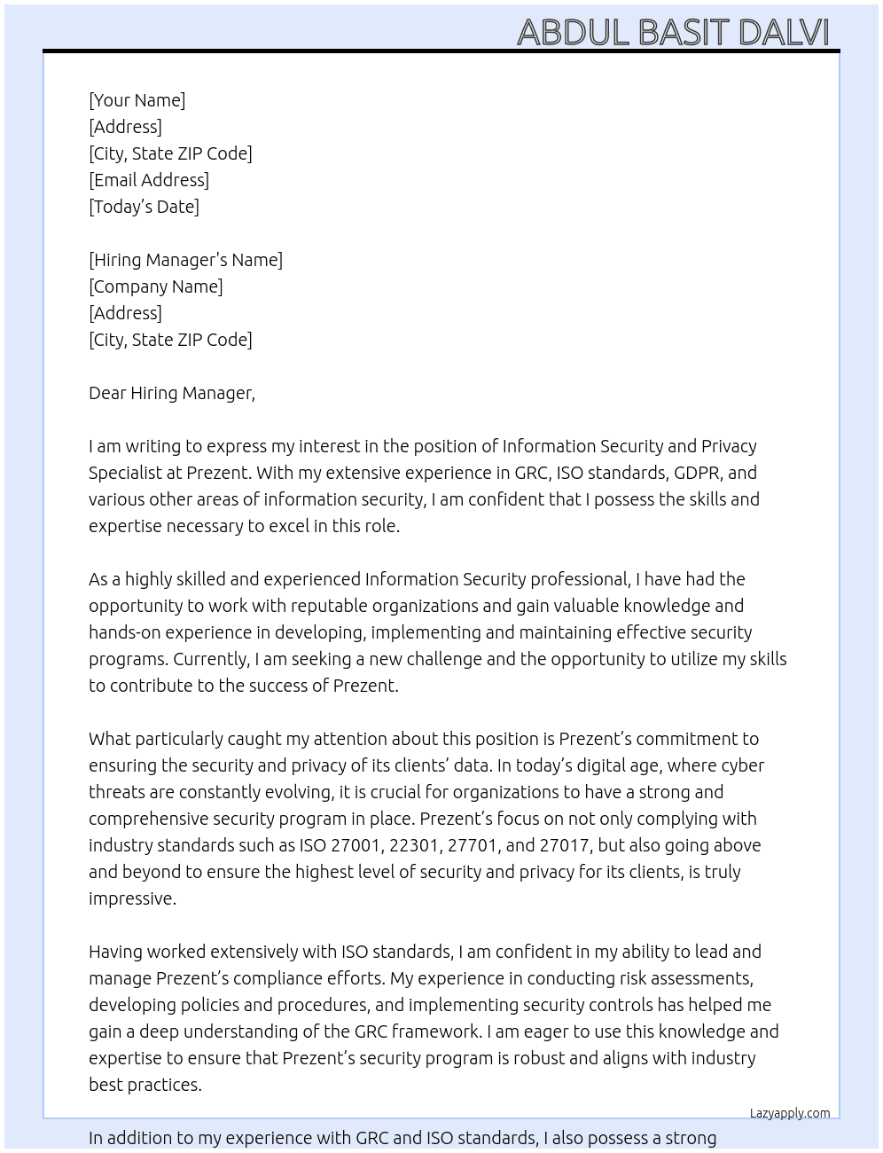 Information Security and Privacy Specialist  At Prezent Cover Letter