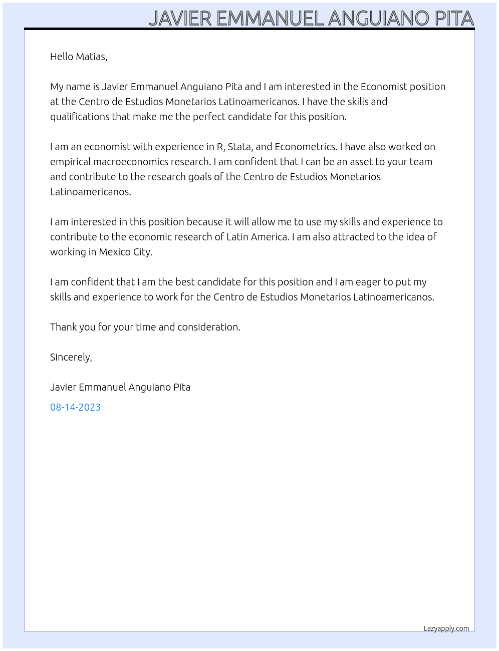 Economist At Centro de Estudios Monetarios Latinoamericanos Cover Letter