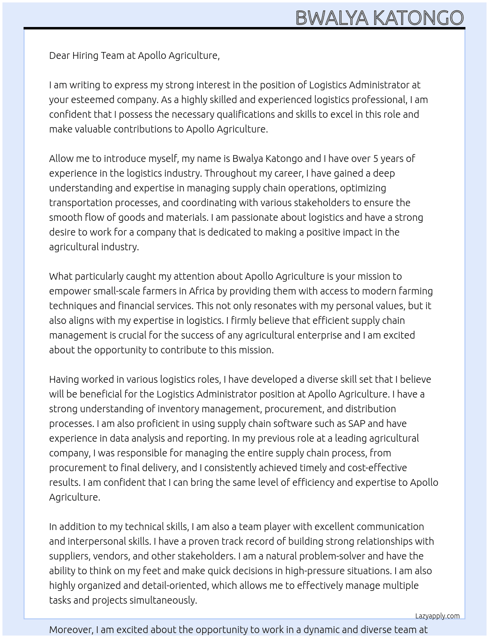 Logistics Administrator At Apollo Agriculture Cover Letter