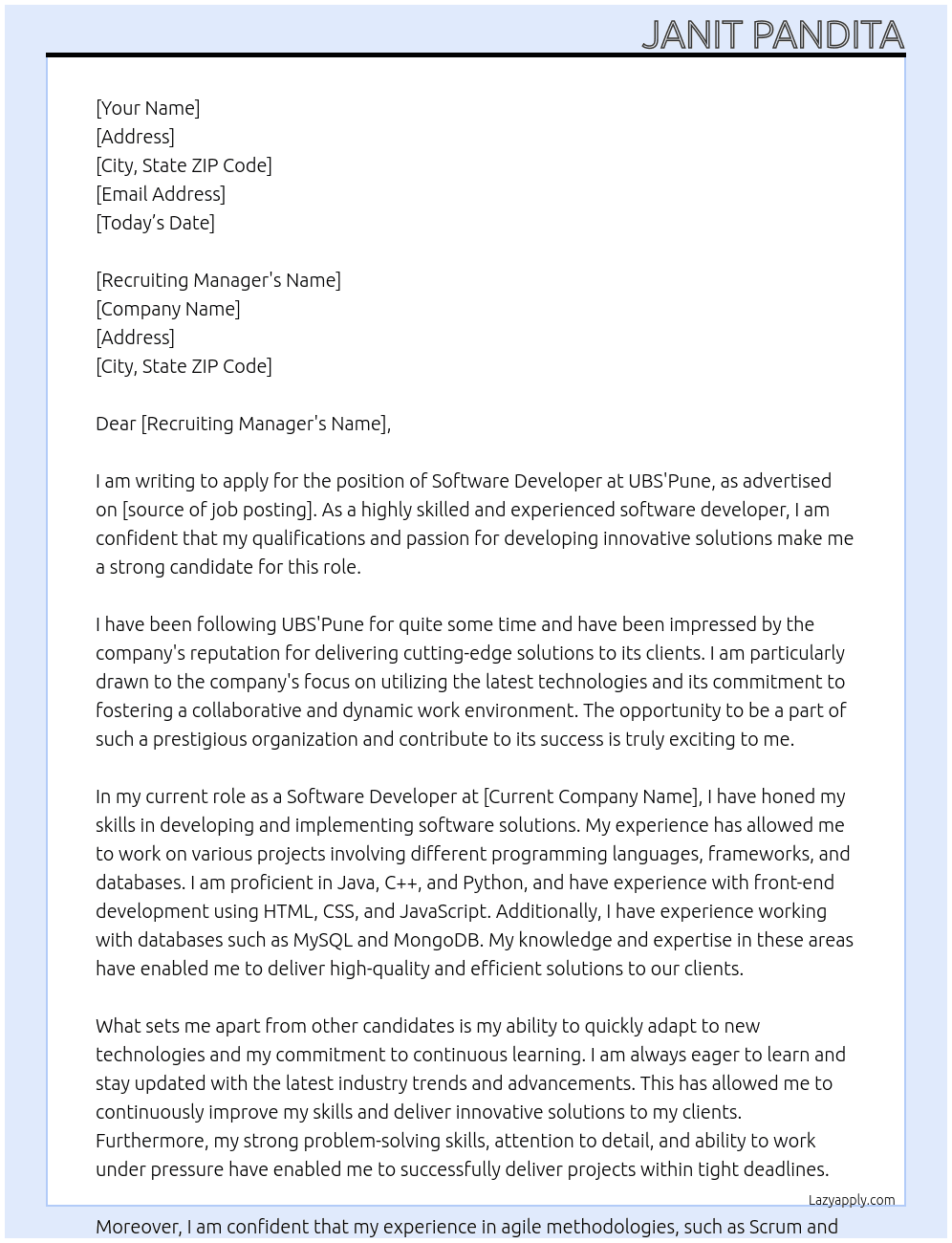 software developer At UBS'Pune Cover Letter