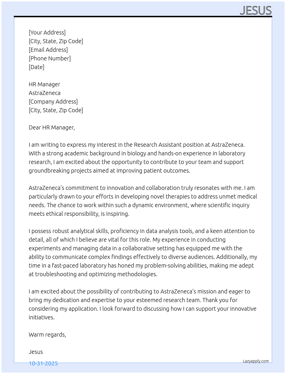 Research assistant  At Aztra Zeneca Cover Letter