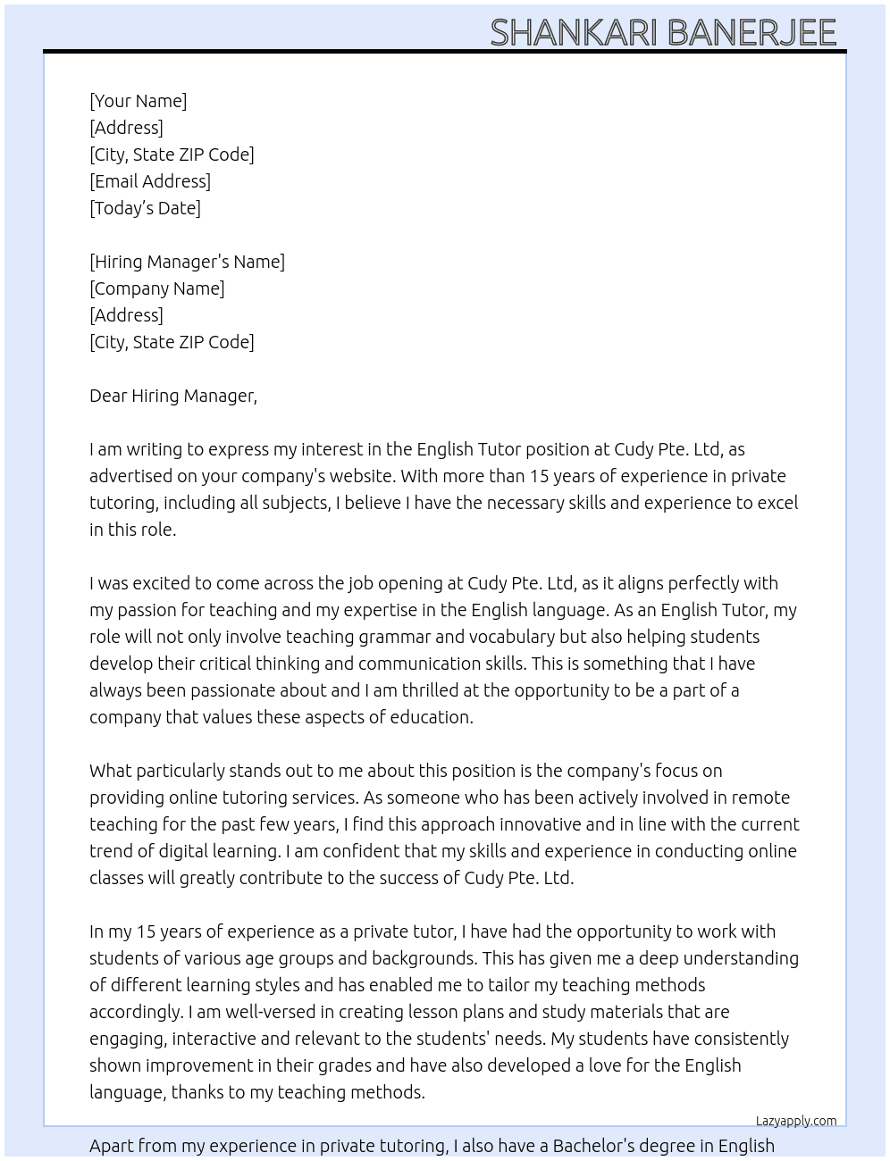English Tutor At Cudy Pte.Ltd Cover Letter