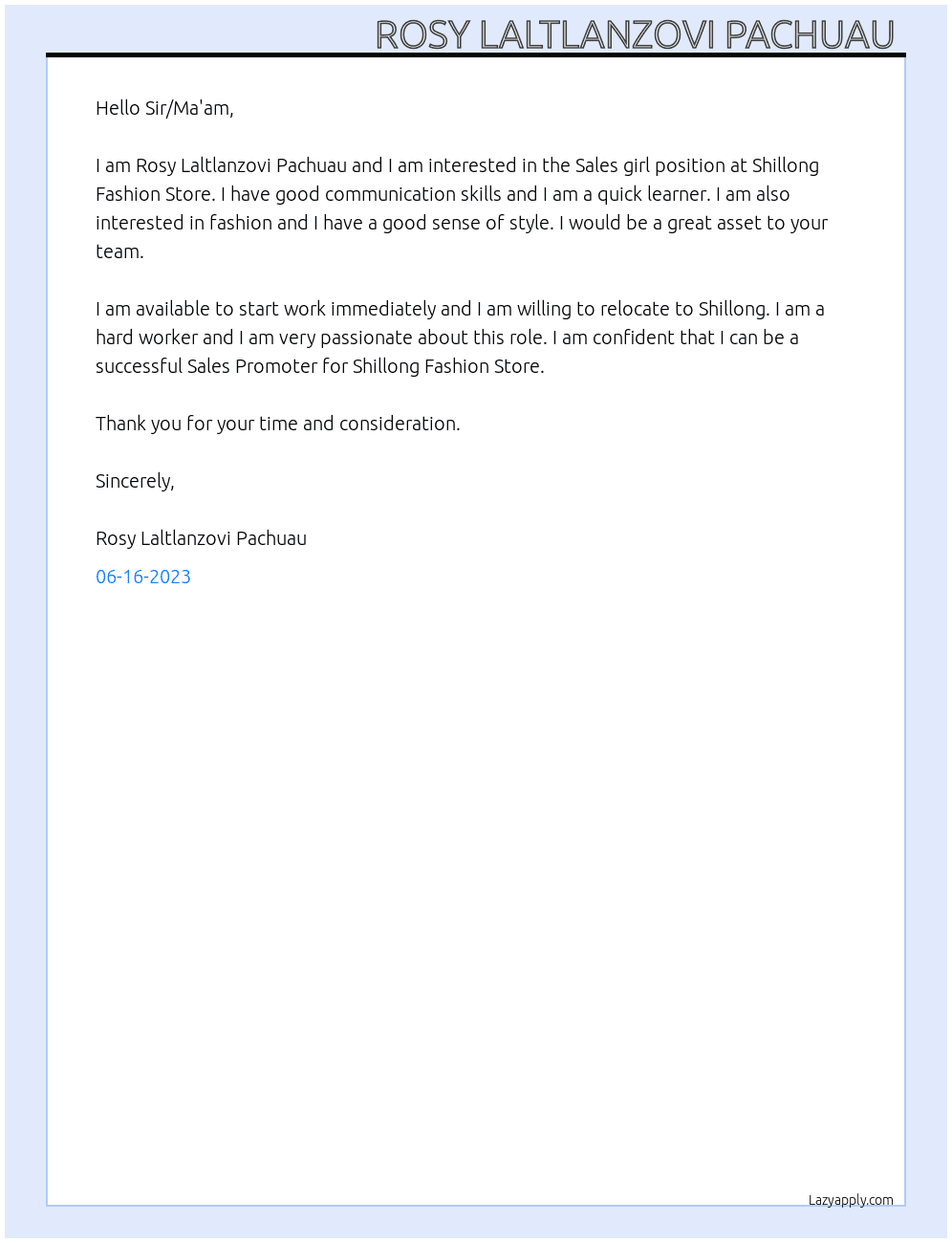 Sales girl  At Shillong Fashion Store Cover Letter