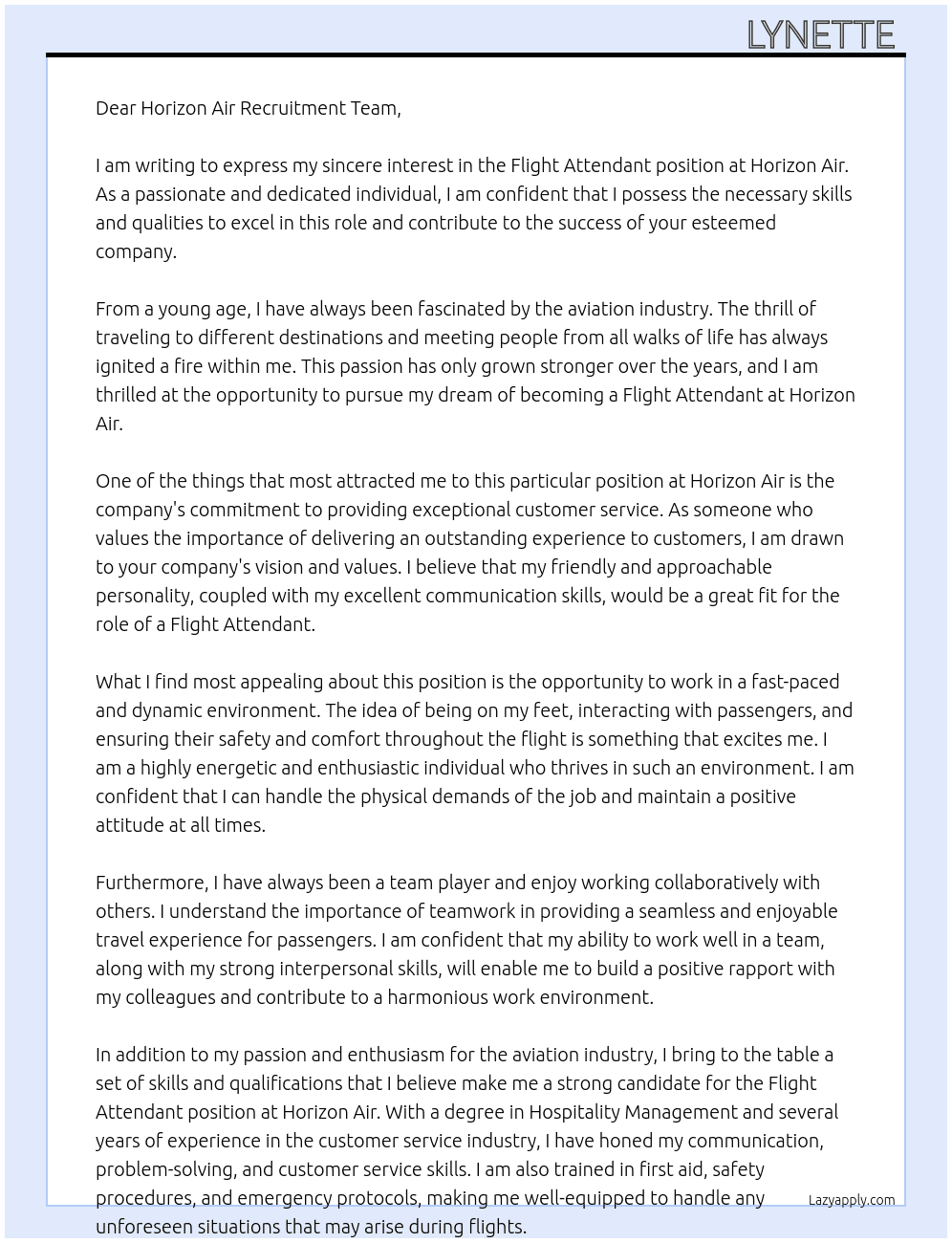 Flight Attendant  At Horizon Air Cover Letter