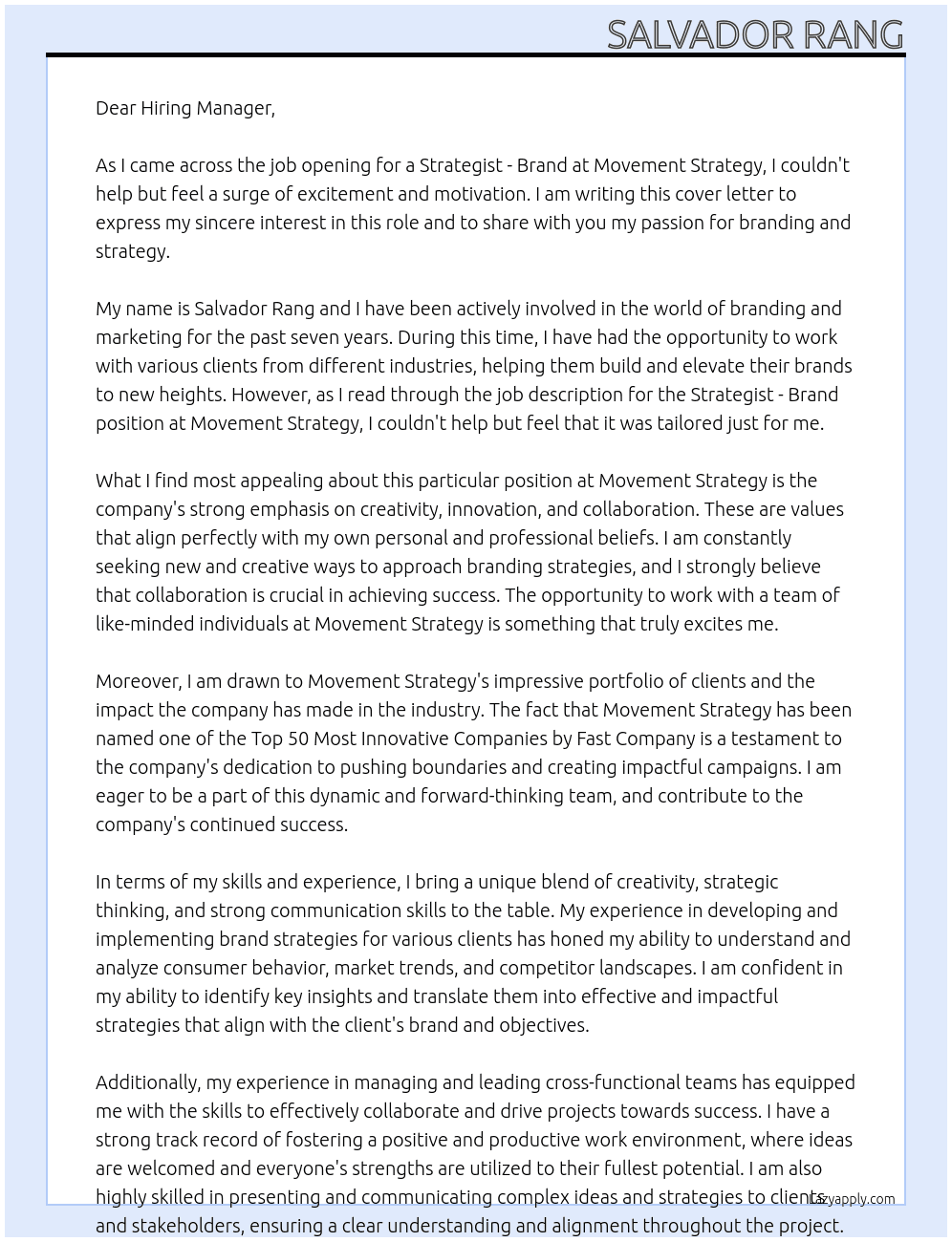 Strategist - Brand At Movement Strategy Cover Letter