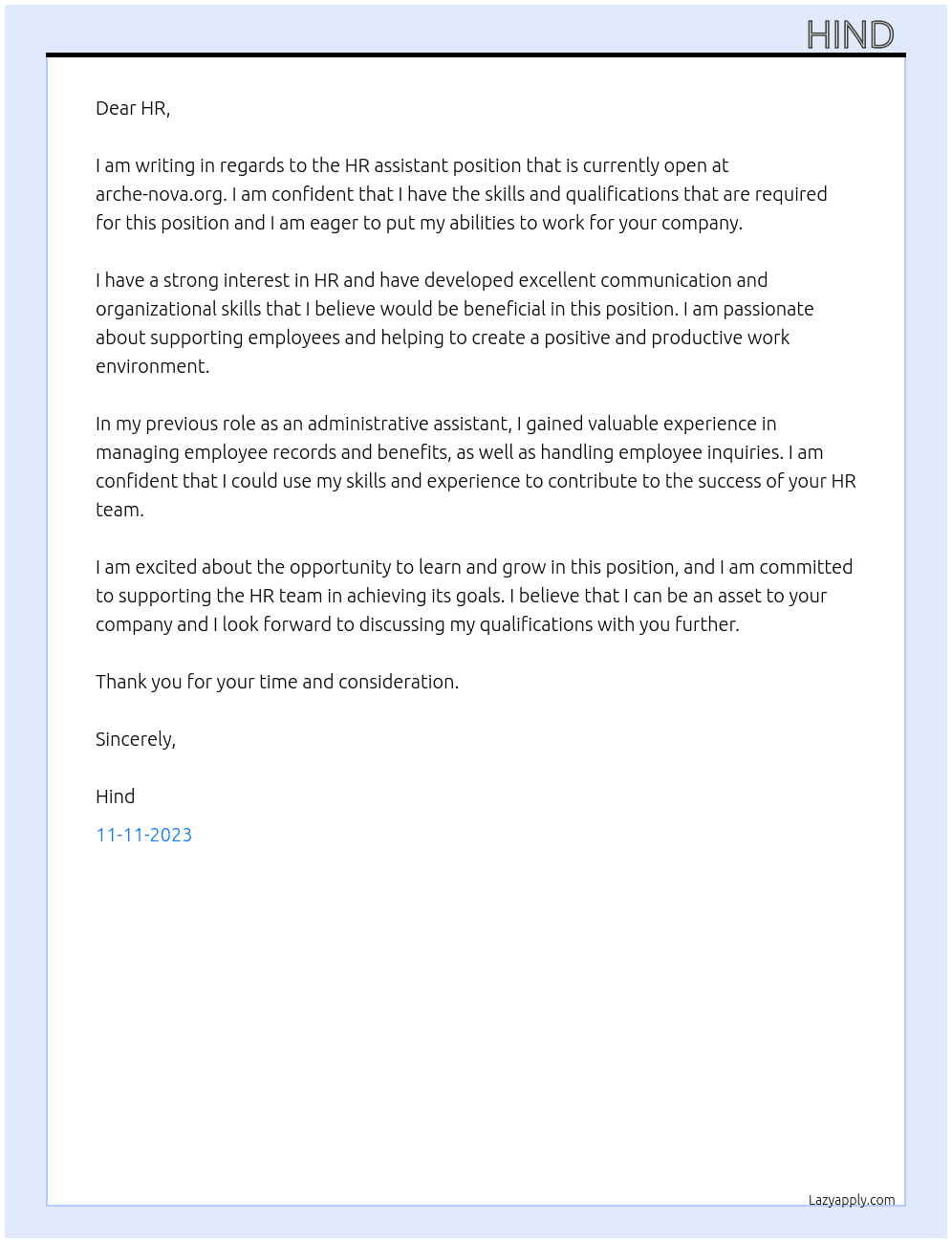 HR Assistant At arche-nova.org Cover Letter