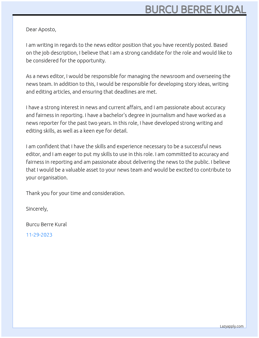 news editor At Aposto Cover Letter