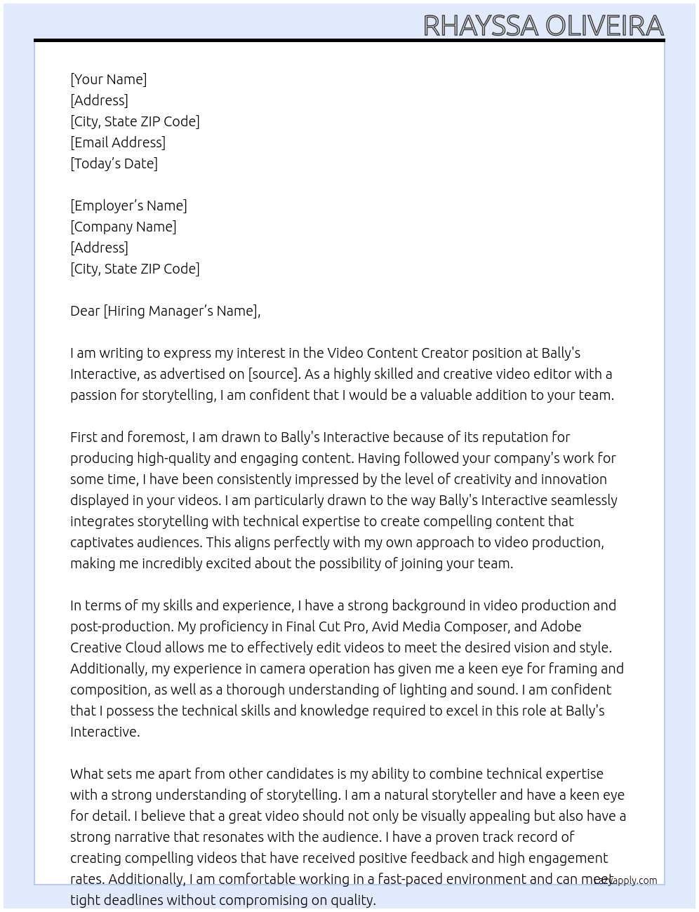 VIDEO CONTENT CREATOR At Bally's Interactive Cover Letter