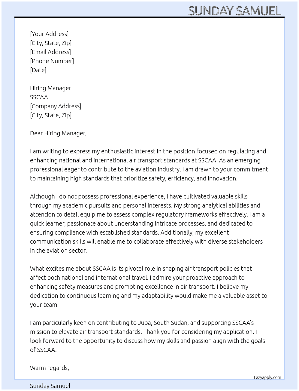 Cover letter for regulating and enhancing national and international air transport standards - LazyApply