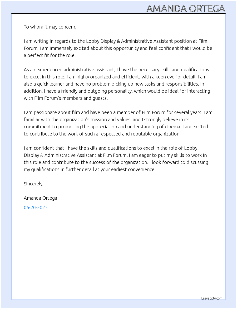Lobby Display & Administrative Assistant At Film Forum Cover Letter