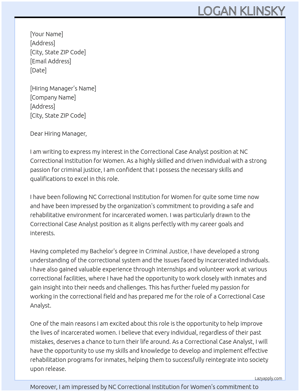 Correctional Case Analyst At NC Correctional Institution for Women Cover Letter
