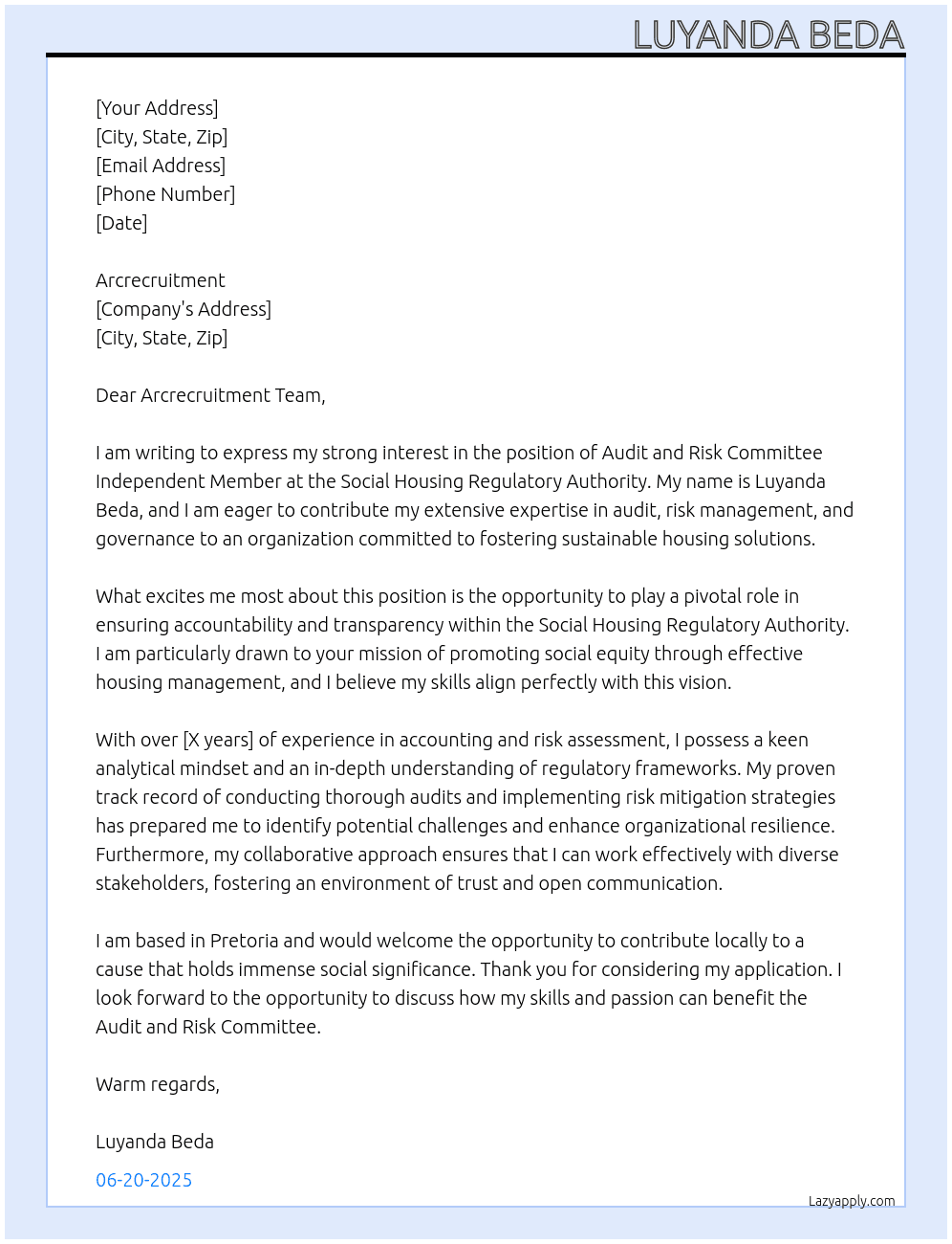 Audit and Risk Committee Independent Member At Social Housing Regulatory Authority Cover Letter