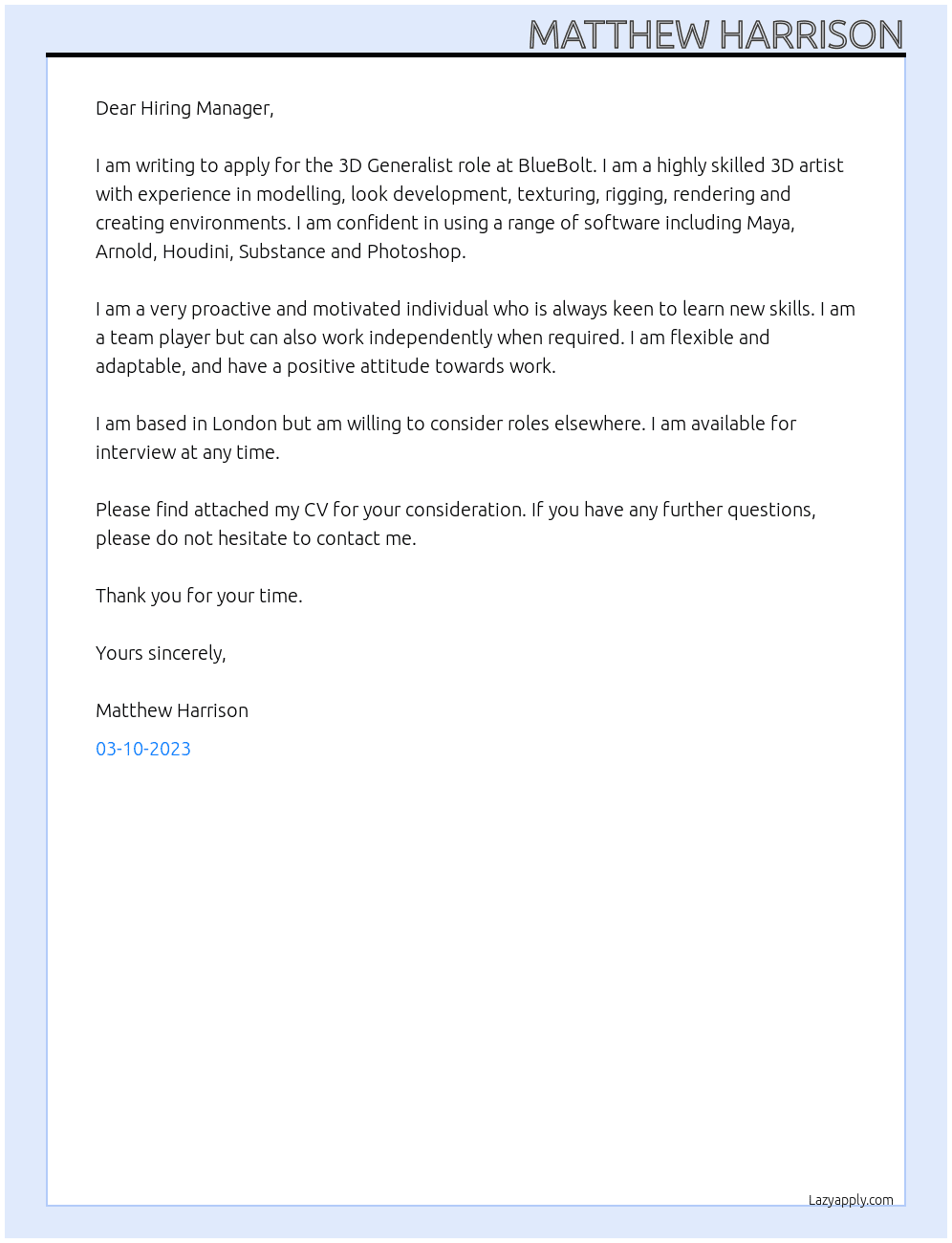 3D Generalist At BlueBolt Cover Letter