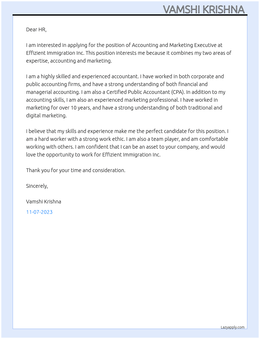 Accounting and Marketing Executive At Effizient Immigration Inc Cover Letter