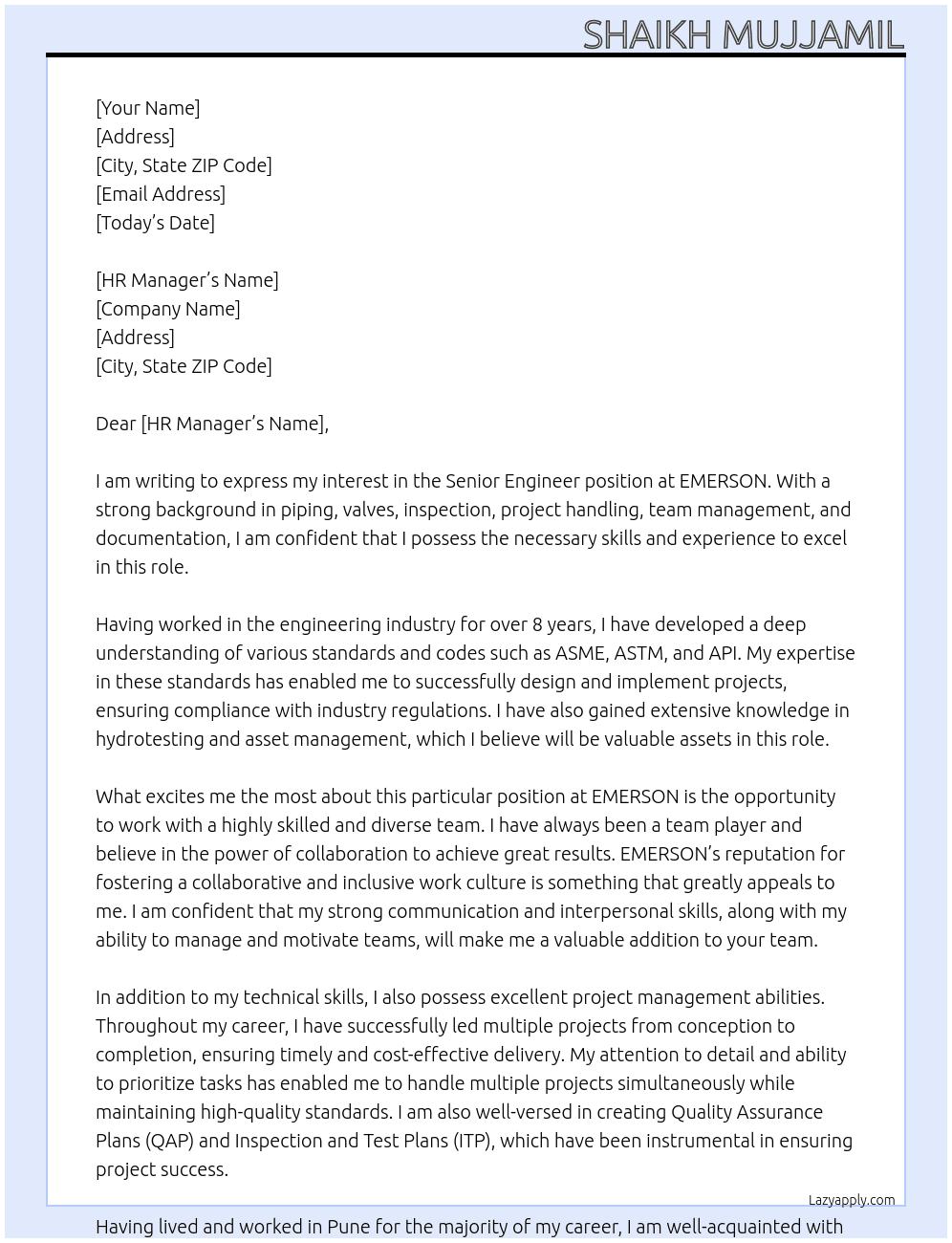 Senior Engineer At EMERSON Cover Letter