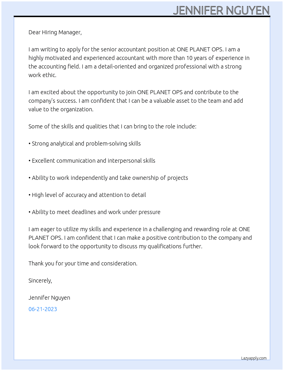 senior accountant At ONE PLANET OPS Cover Letter