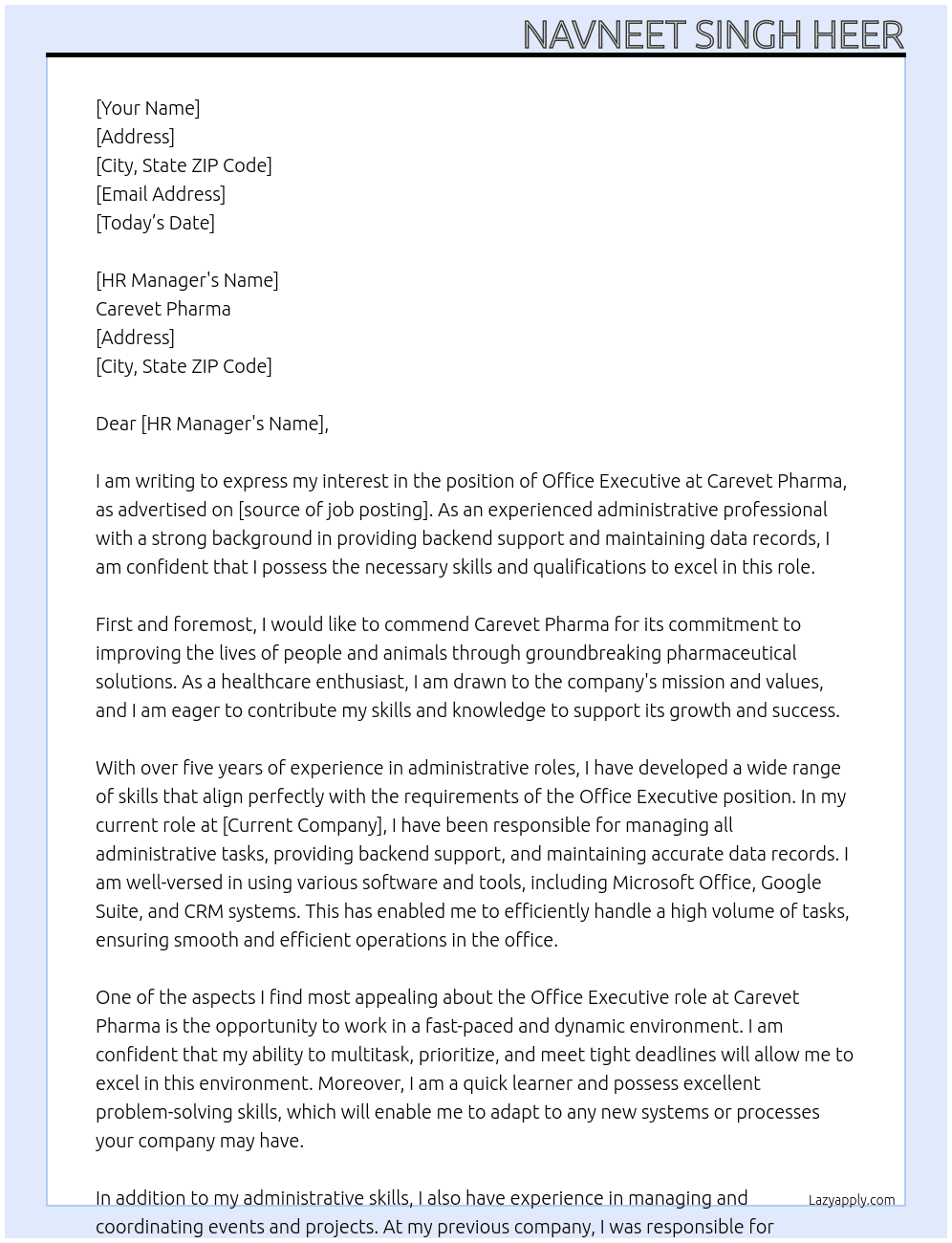 office executive At Carevet Pharma Cover Letter