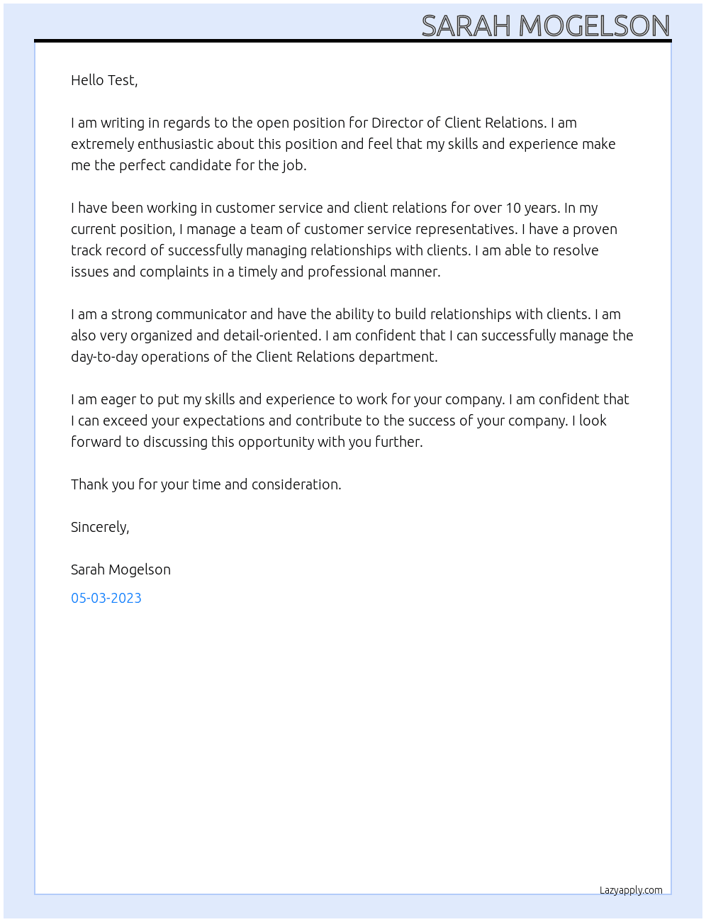 Director of Client Relations At Client Relations Manager Cover Letter