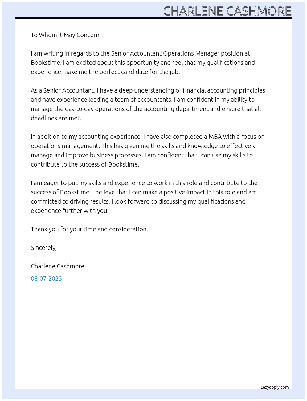 Senior Accountant Operations Manager At Bookstime Cover Letter