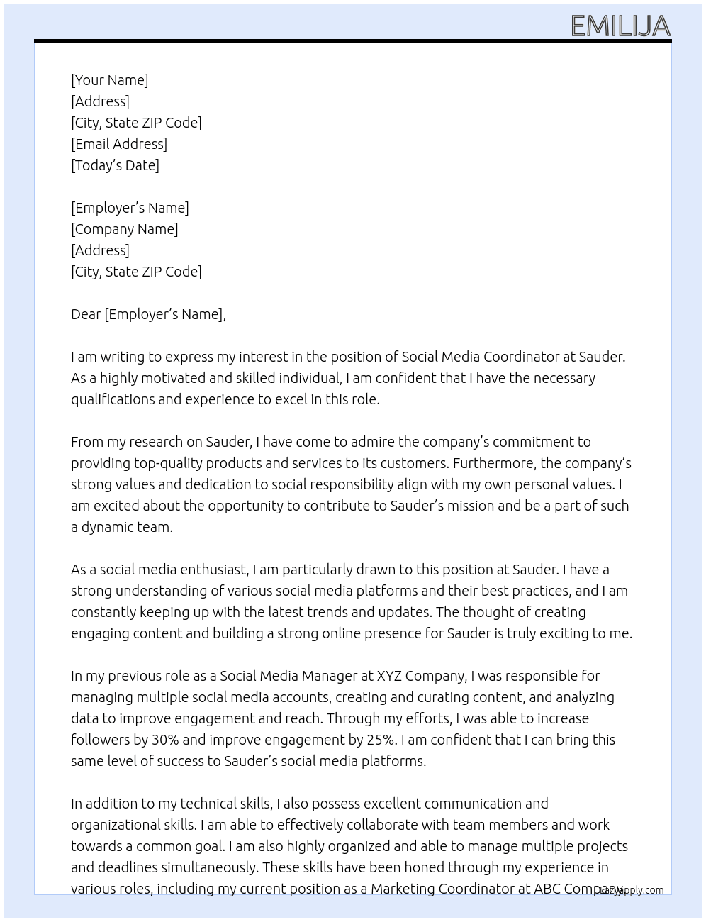 Social Media Coordinator At Sauder Cover Letter