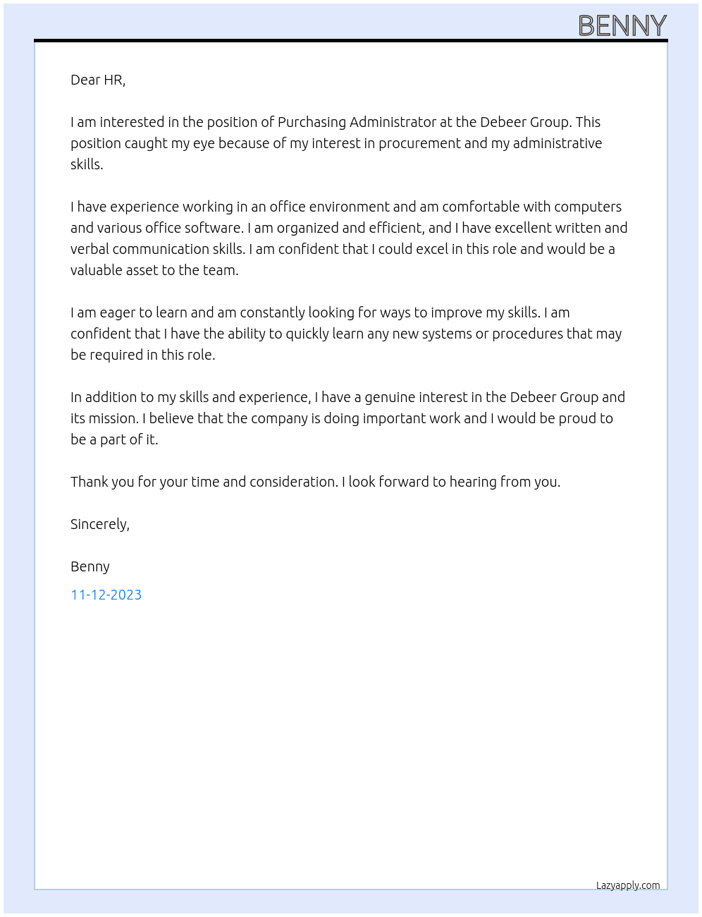 Purchasing administrator  At Debeer group  Cover Letter
