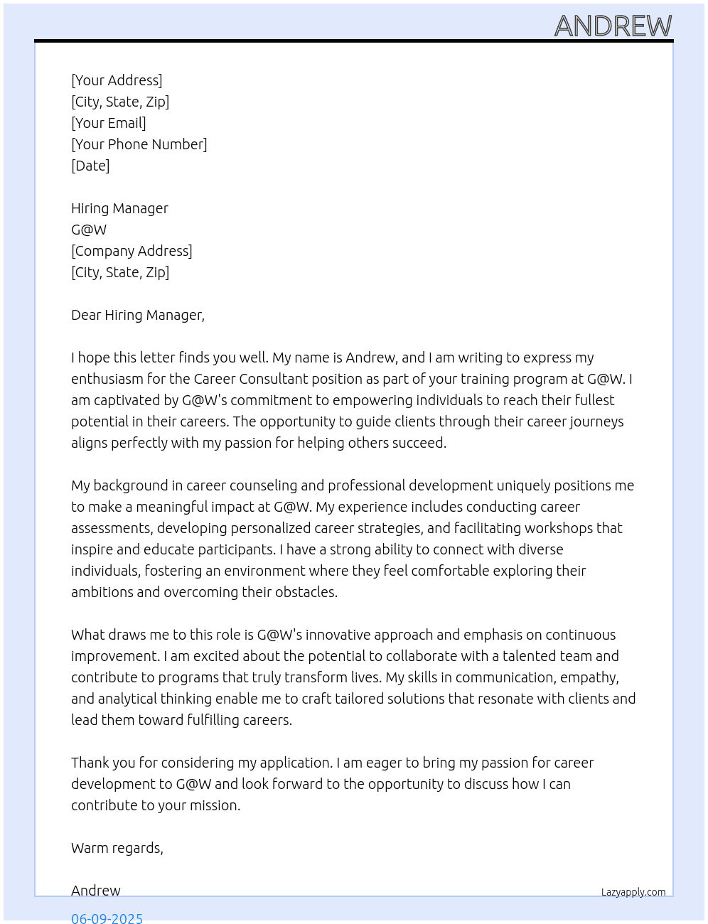 Career consultants At G@W Cover Letter