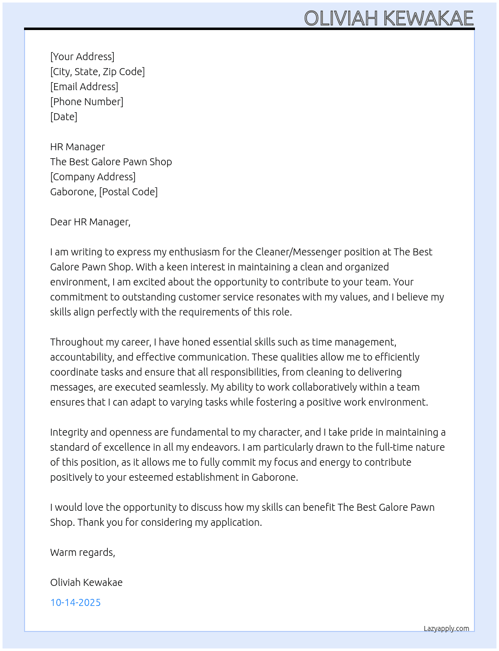 Cover letter for cleaner / messenger - LazyApply