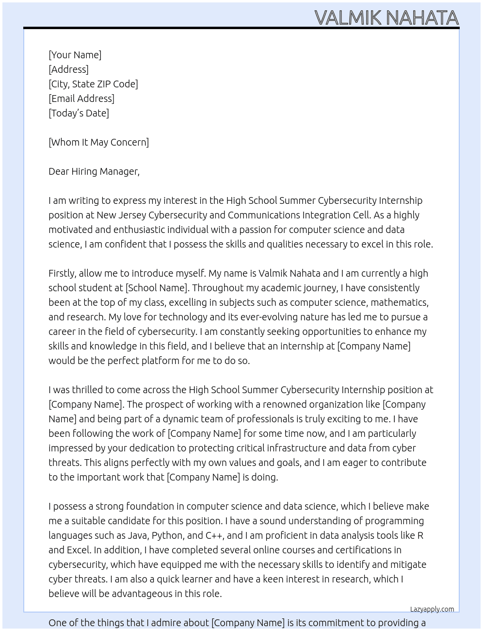 High School Summer Cybersecurity Internship At New Jersey Cybersecurity and Communications Integration Cell Cover Letter