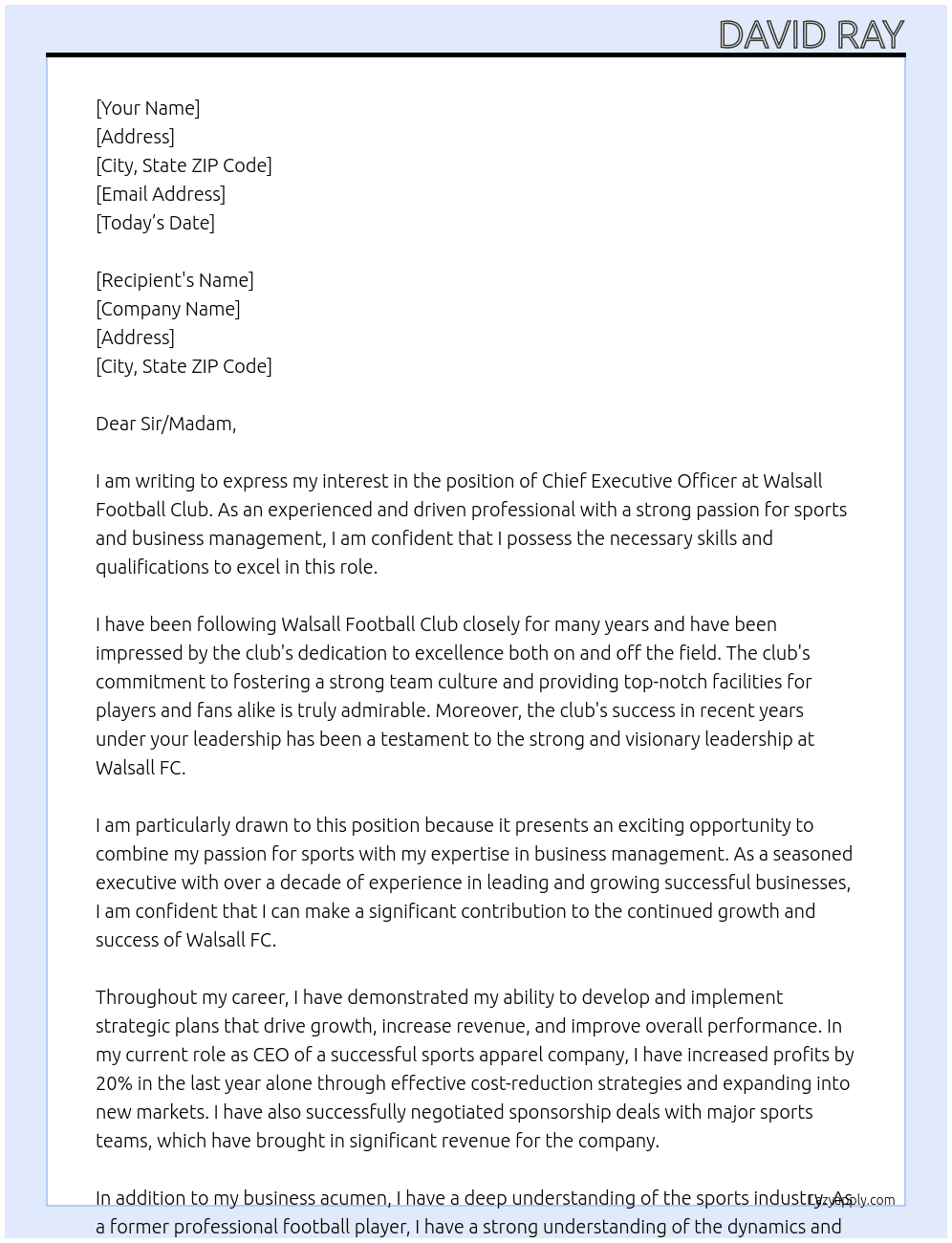 Chief Executive Officer At Walsall Football Club Cover Letter