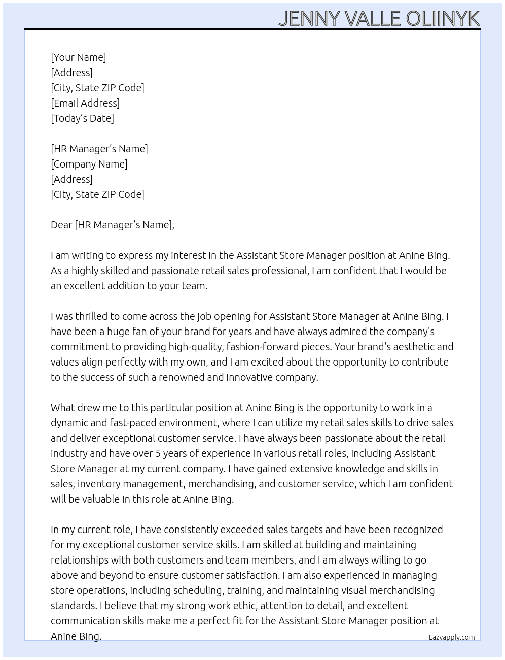 Assistant store manager  At Anine Bing Cover Letter