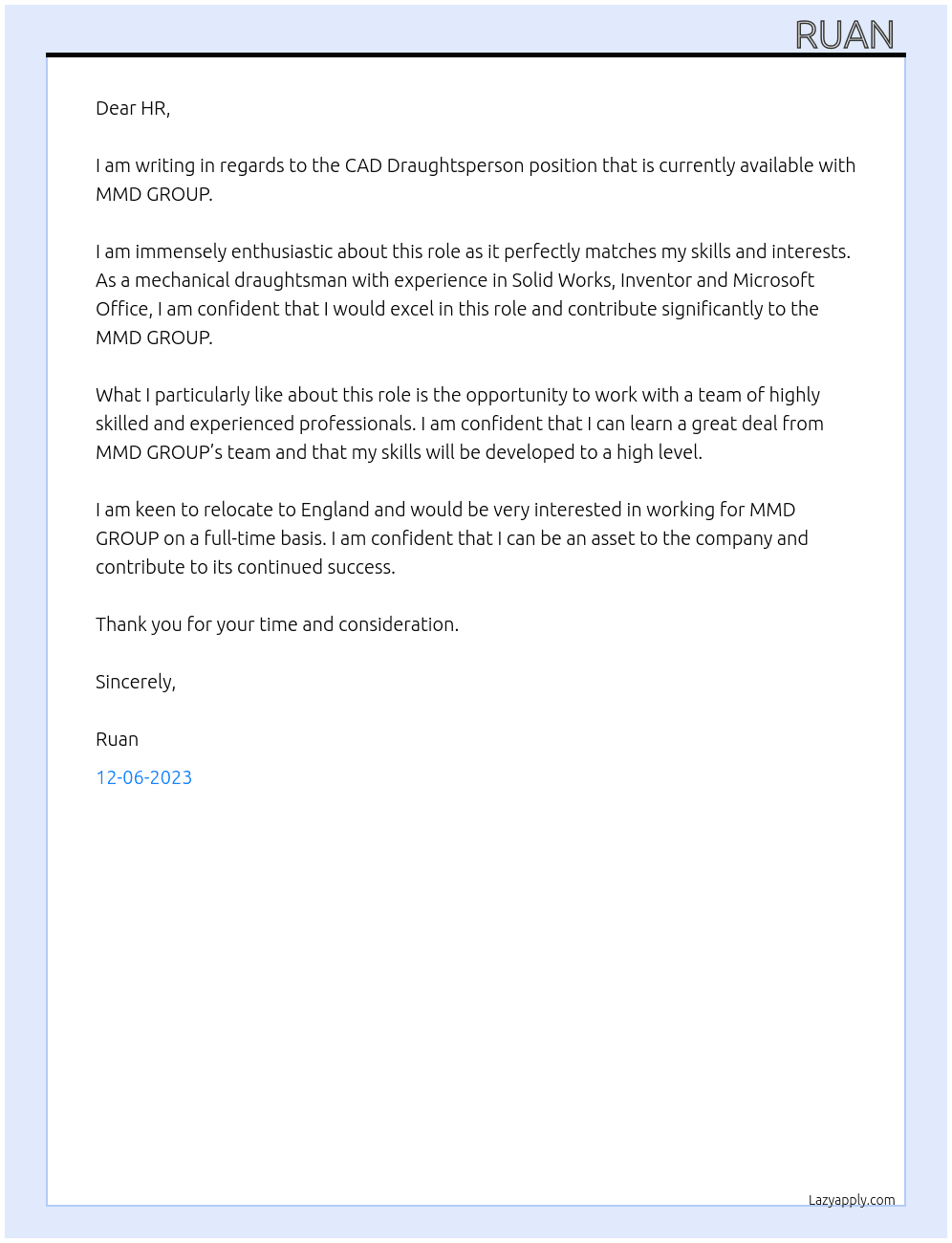 CAD Draughtsperson At MMD GROUP Cover Letter