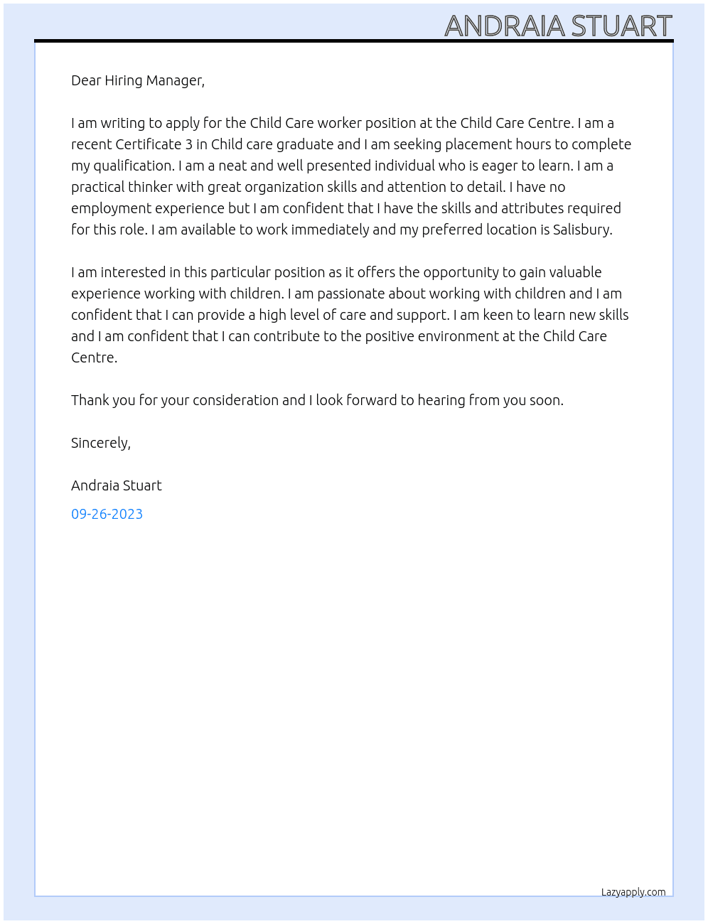 Child Care worker At Child Care Centre Cover Letter