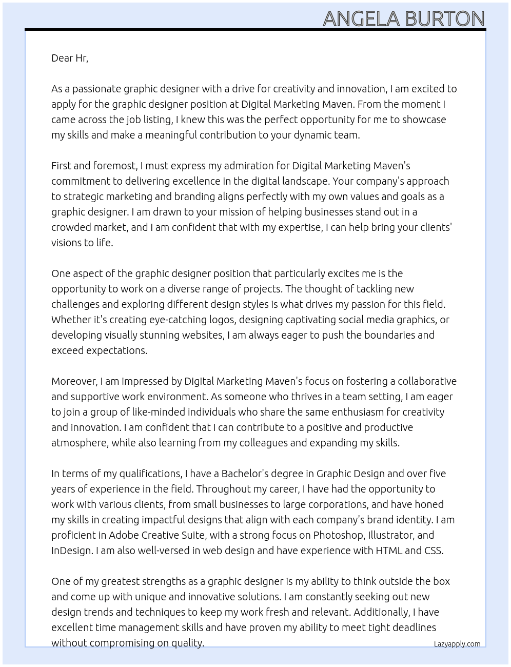 graphic designer At Digital marketing maven Cover Letter