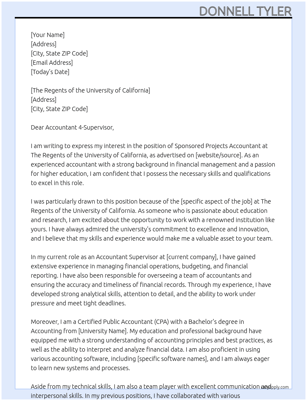 Sponsored Projects Accountant  At The Regents of the University of California Cover Letter