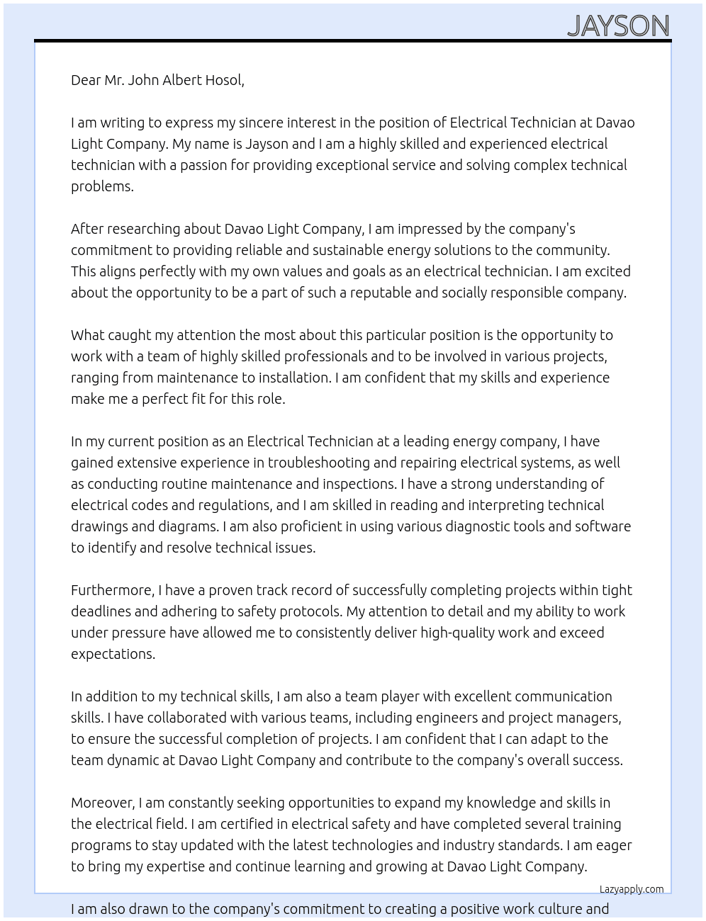 Ex. Electrical Technician  At Davao Light Company  Cover Letter