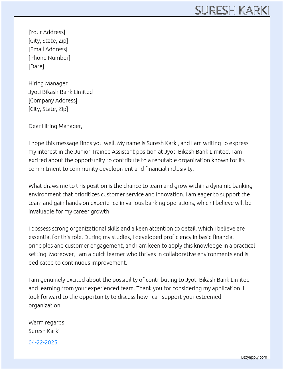 Junior Trainee Assistant At Jyoti Bikash Bank limited Cover Letter