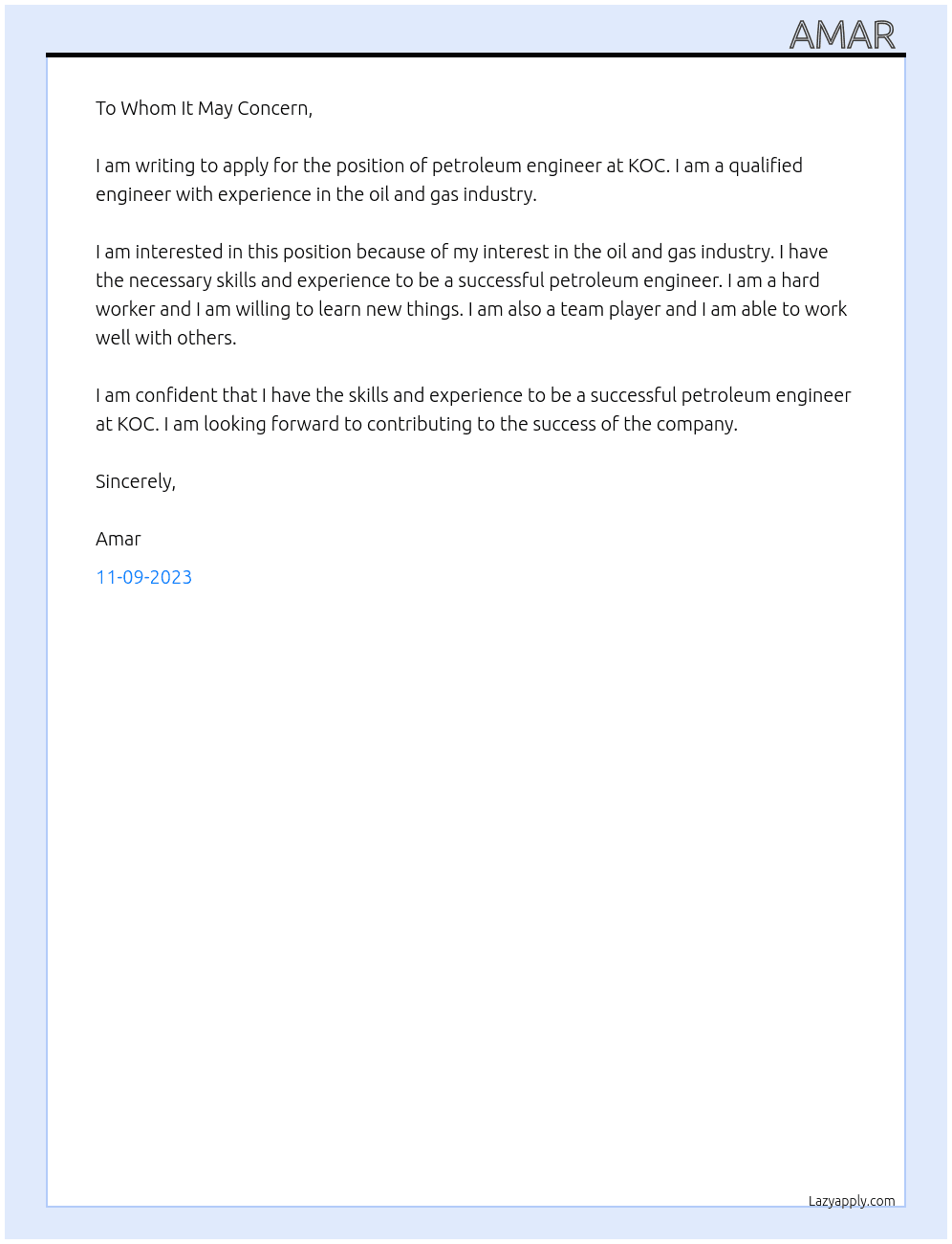 petroleum engineer At KOC Cover Letter
