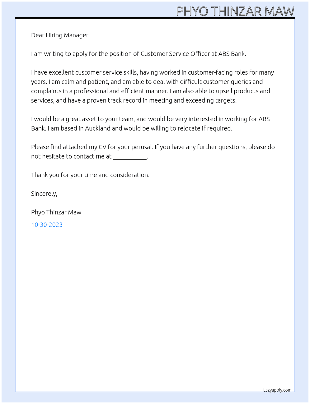 Customer service officer At ABS Bank Cover Letter
