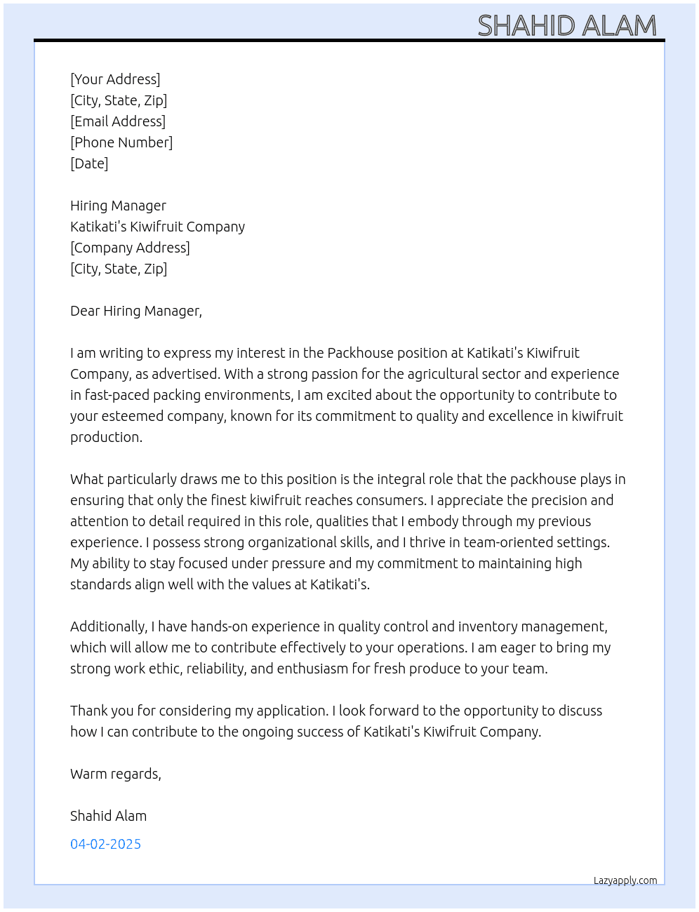 Packhouse  At Katikati's kiwifruit Company  Cover Letter