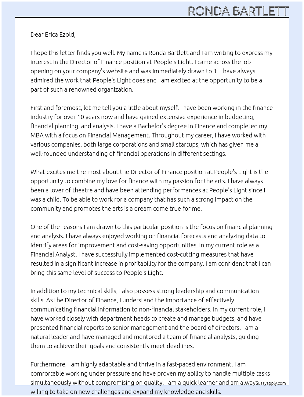Director of Finance At People's Light Cover Letter