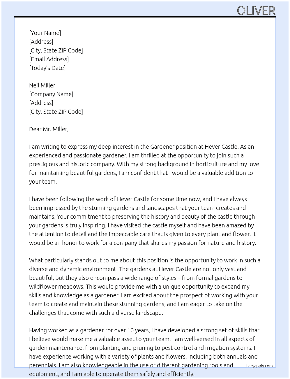 Gardener At Hever Castle Cover Letter