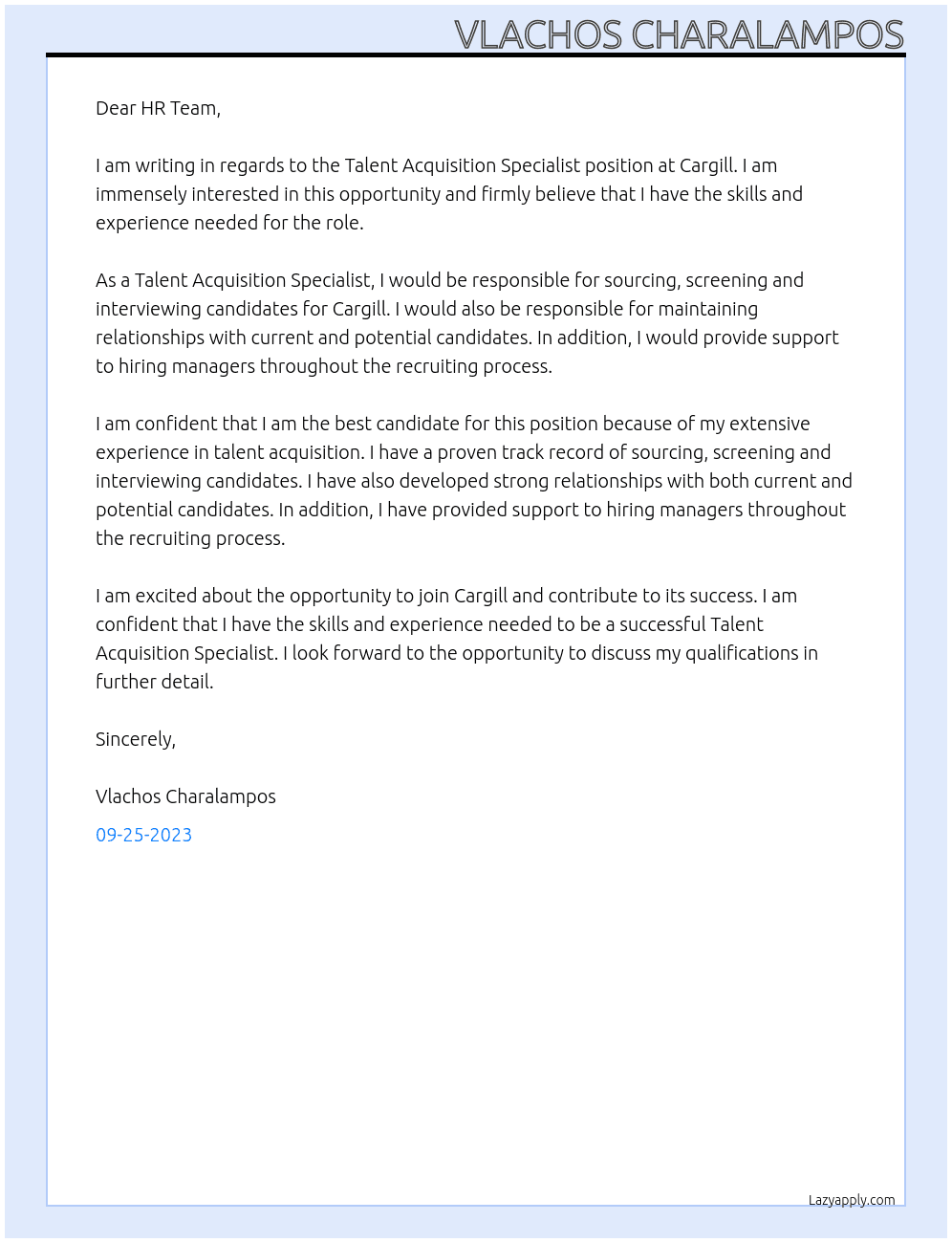 Talent Acquisition Specialist At Cargill Cover Letter