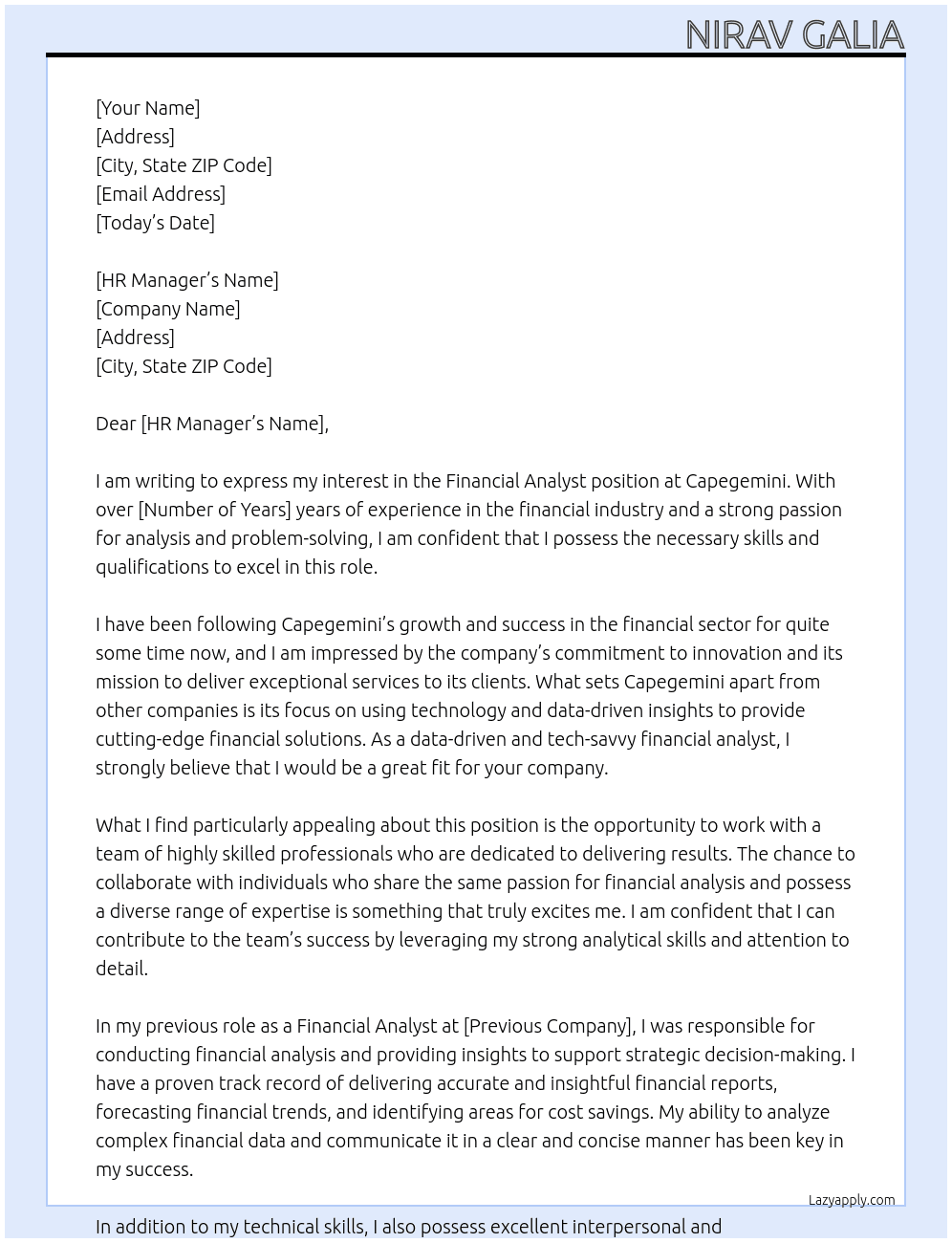 Financial Analyst At Capegemini Cover Letter