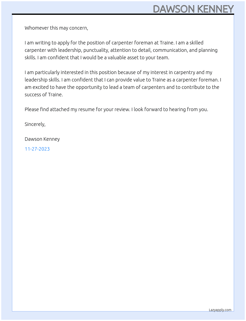 Carpenter foreman At Traine Cover Letter