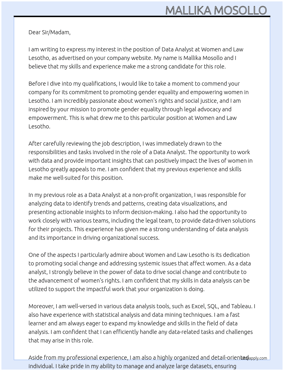 Data analyst  At Women and Law Lesotho  Cover Letter