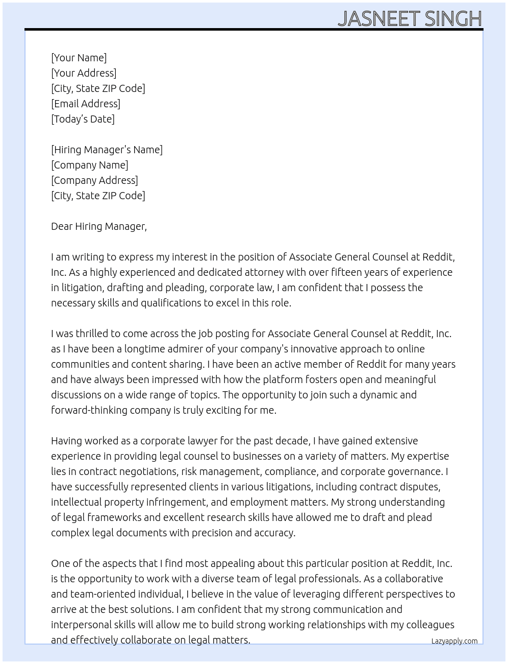 Associate General Counsel  At Reddit, Inc. Cover Letter