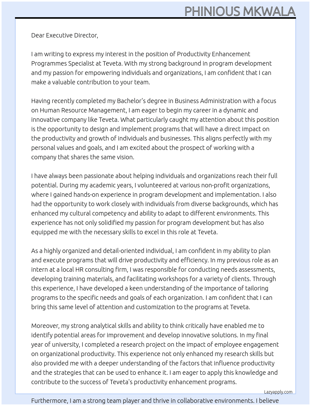 PRODUCTIVITY ENHANCEMENT PROGRAMMES SPECIALIST At Teveta Cover Letter