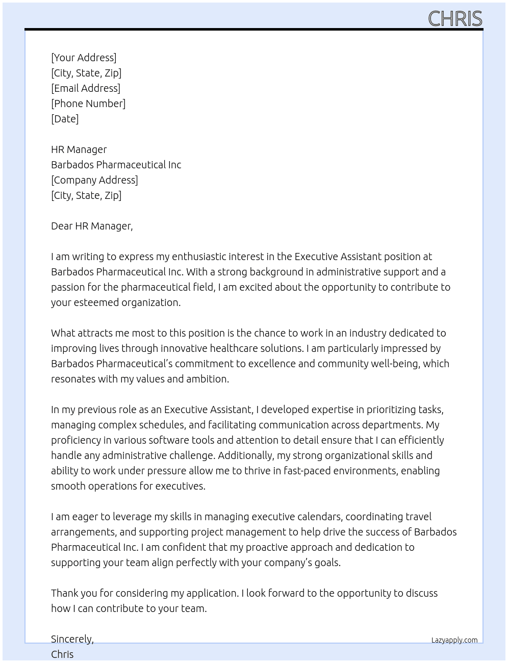 Executive Assistant At Barbados Pharmaceutical Inc Cover Letter