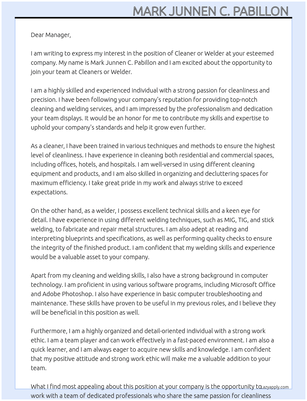 Cleaner or Welder At Cleaners or Welder Cover Letter