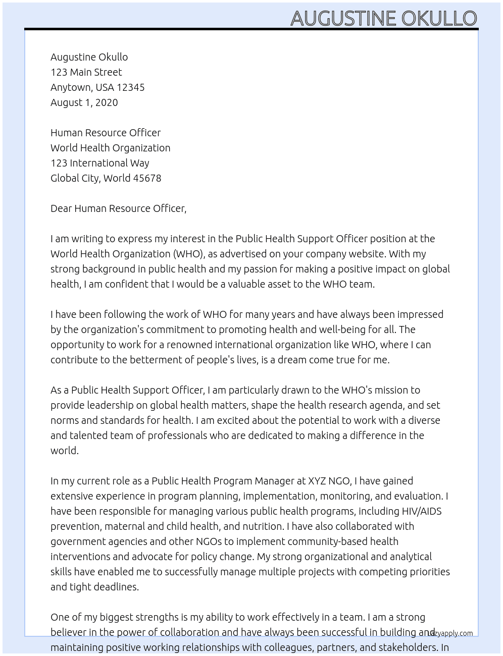 Cover letter for public health support officer - LazyApply